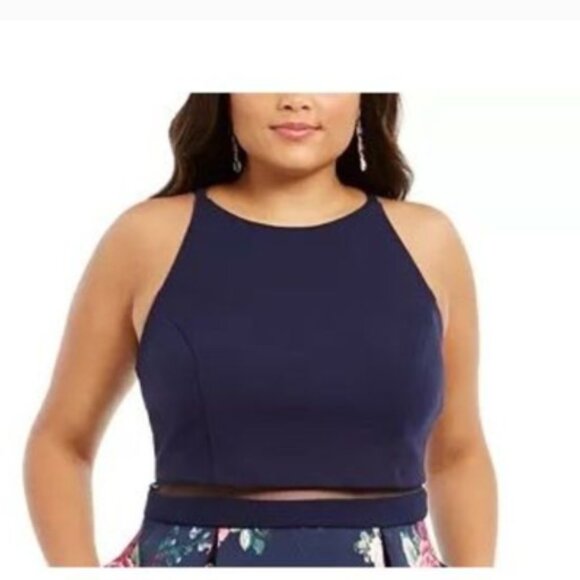 B Darlin Women's Illusion Floral-Print Fit & Flare Dress Navy Size 20 - Picture 3 of 4